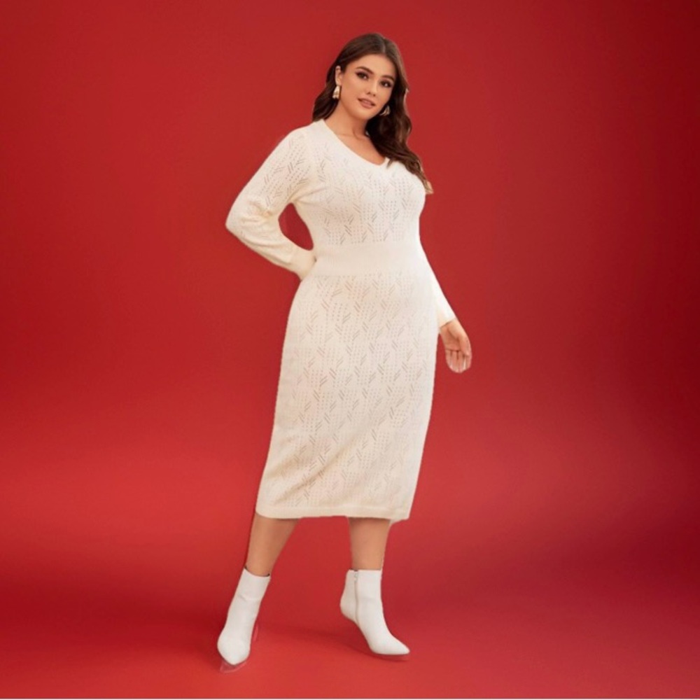 SHEIN Women’s Pointelle Knit Sweater Dress White S (can fit a medium) - Picture 6 of 7